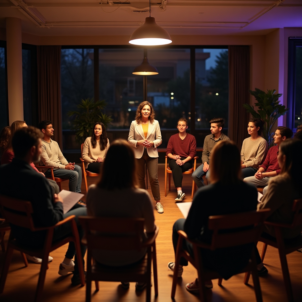 Participant susținând o intervenție finală în fața întregului grup de participanți așezați în cerc