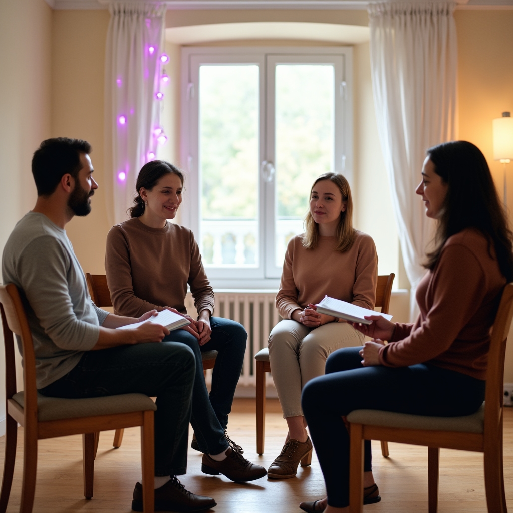 Grup mic de participanți exersând prezentări scurte unii în fața celorlalți