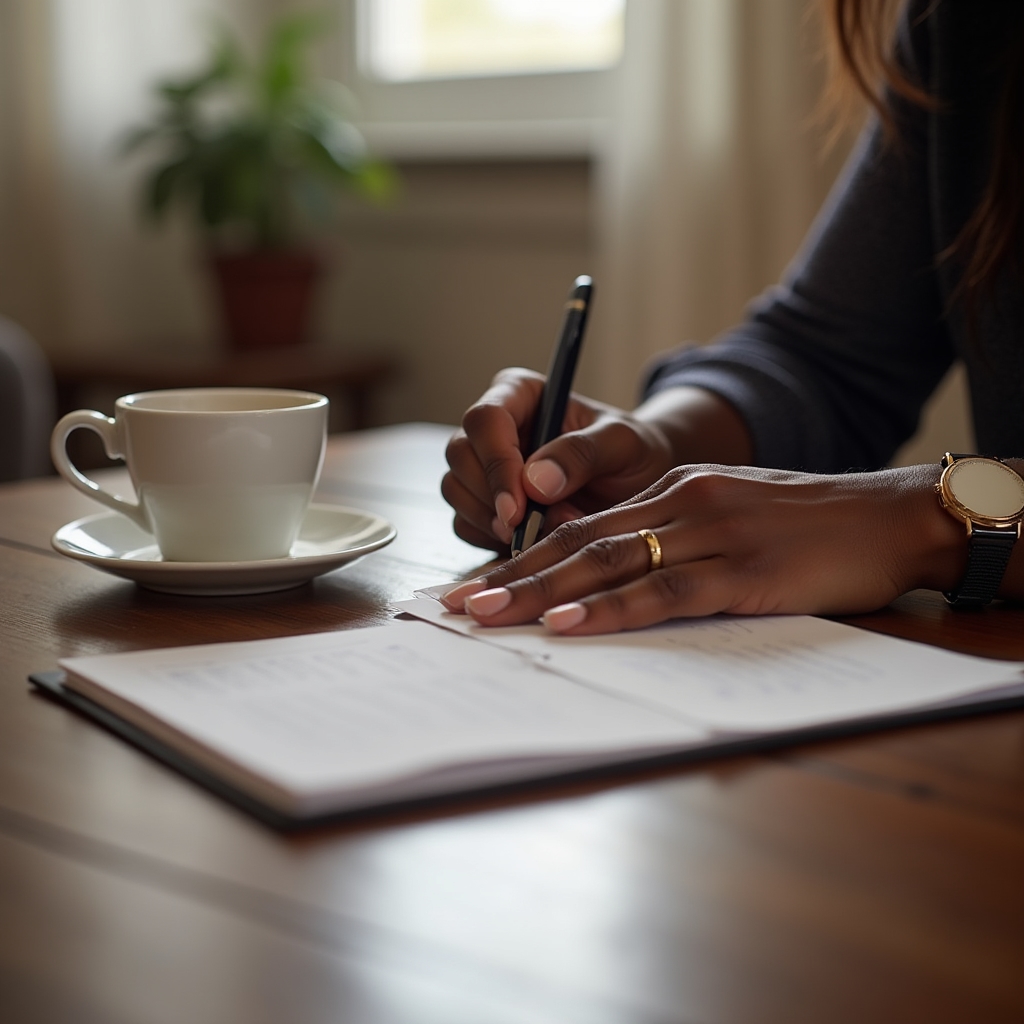 Persoană revizuind notițe manuscrise înainte de o prezentare, într-un cadru liniștit