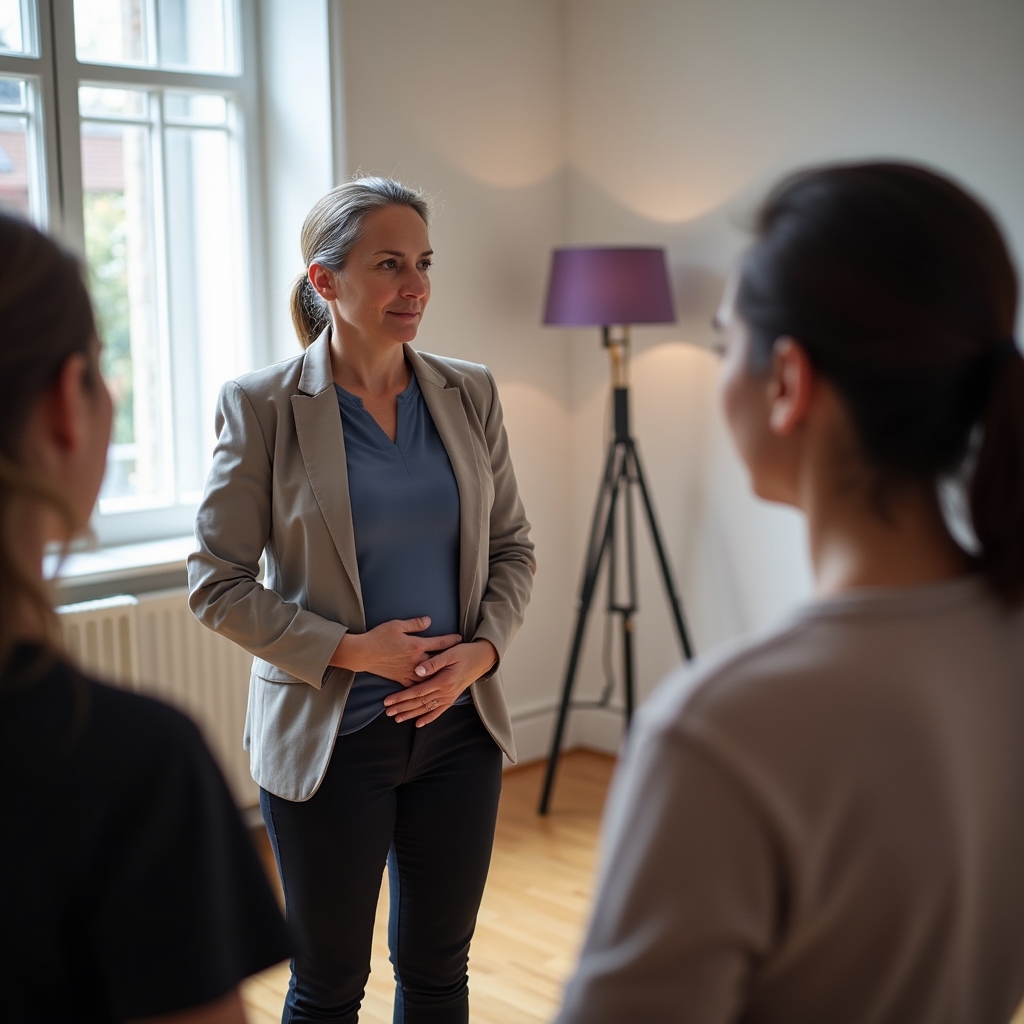 Instructor demonstrând o tehnică de respirație diafragmatică unui grup mic de participanți